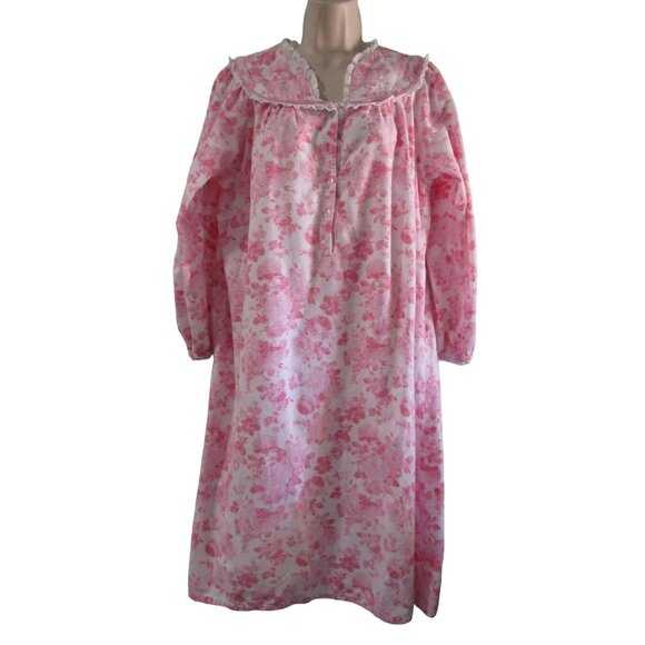 Modest Flannel Nightgown Pink Rose National Ladies M Missing Button Vintage GUC - Picture 7 of 13